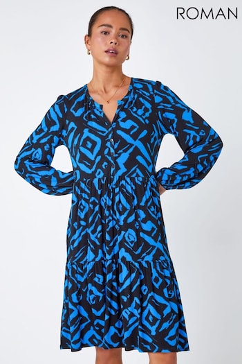 Roman Blue Petite Abstract Tiered Stretch Dress (U75052) | £38