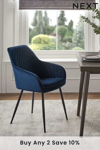 Set of 2 Soft Velvet Navy Blue Black Legs Hamilton Arm Dining Chairs (U75068) | £299