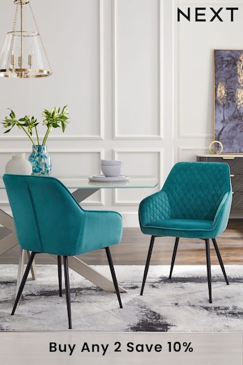 Set of 2 Soft Velvet Teal Blue Black Leg Hamilton Arm Dining Chairs (U75069) | £299