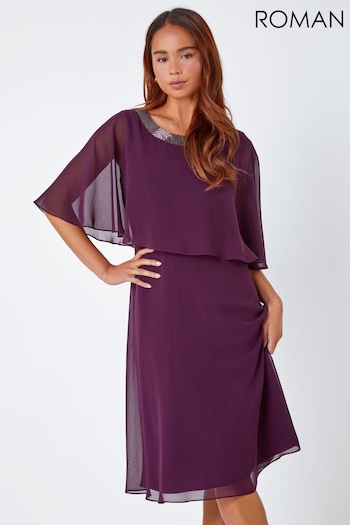 Roman Purple Petite Sparkle Chiffon Cape Dress (U75087) | £58