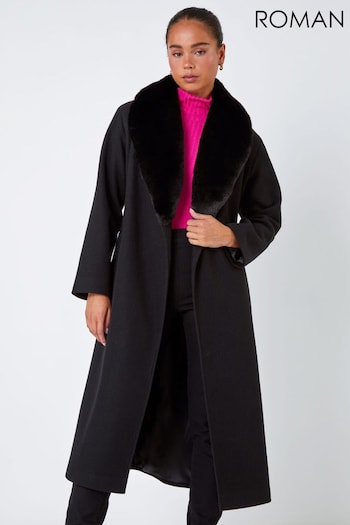 Roman Black Petite Faux Fur Collar Belted Coat (U75091) | £85