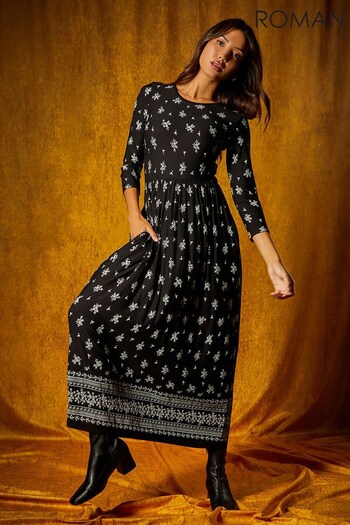 Roman Black Floral Border Print Maxi Stretch Dress (U75110) | £38