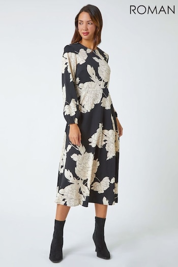 Roman Black Floral Contrast Print Midi Dress (U75114) | £40