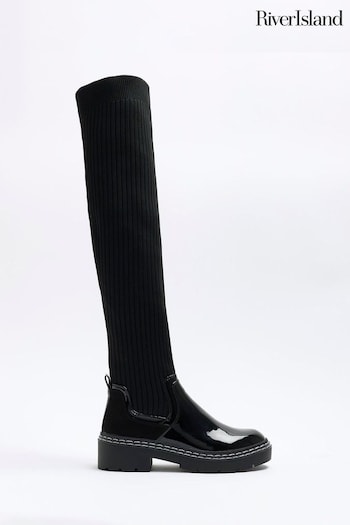 River Island Black Wide Fit Knit High Leg Boots (U75130) | £60