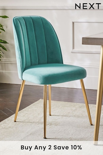 Set of 2 Soft Velvet Teal Brushed Gold Leg Stella Non Arm Dining Chairs (U75258) | £250