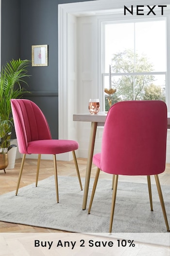 Set of 2 Soft Velvet Fuchsia Pink Brushed Gold Leg Stella Non Arm Dining Chairs (U75259) | £250