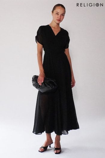 Religion Black Wrap Maxi Dress with Full Skirt In Soft Georgette (U75354) | £100