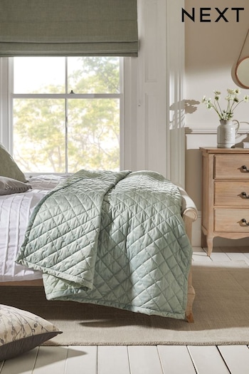 Sage Green Hamilton Velvet Quilted Bedspread (U75417) | £60 - £100