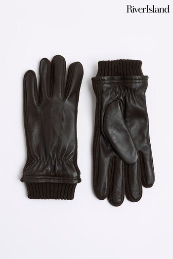 River Island Brown Leather Knit Cuff Gloves (U75565) | £22