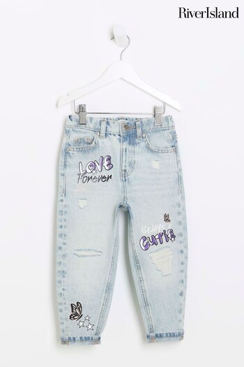 River Island Blue Mom Girls Denim Bubble Graffiti Jeans Blau (U75676) | £23