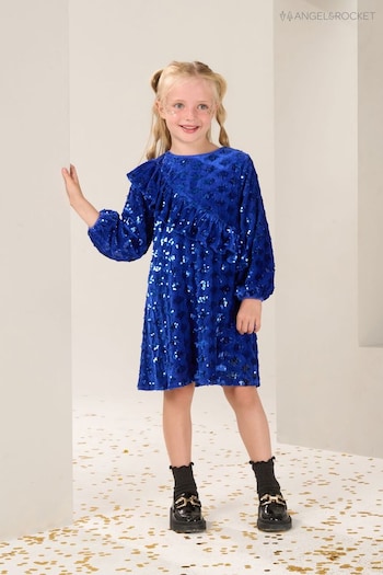 Angel & Rocket Blue Elsie Velvet Sequin Ruffle Dress (U75697) | £36 - £40