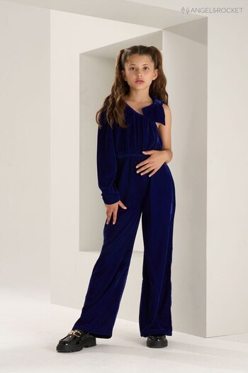 Angel & Rocket Blue Thea Bow Shoulder Velvet Jumpsuit (U75710) | £34 - £41