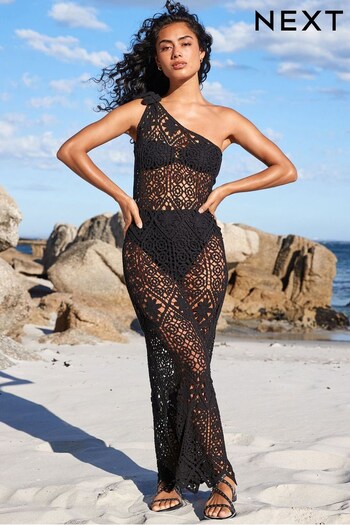 Black Crochet One Shoulder Maxi Dress (U76660) | £42