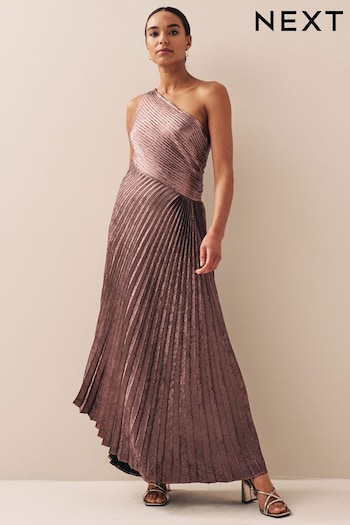 Pink One Shoulder Metallic Pleated Midi Dress (U76903) | £82