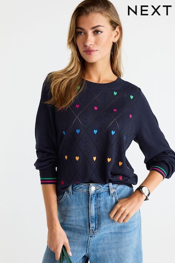 Navy Blue With Multi Heart Embroidery Round Neck Jumper (U76944) | £28
