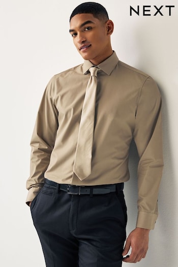 Neutral Brown Slim Fit Single Cuff Single Cuff Shirt And Tie Pack (U77342) | £26