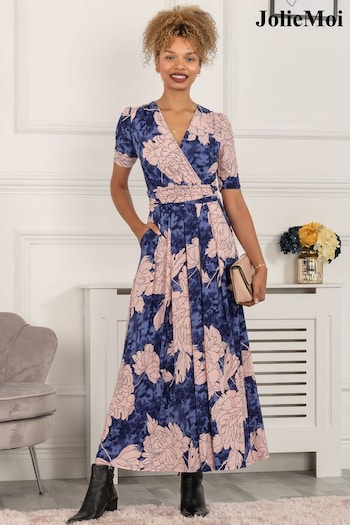 Jolie Moi Blue Evita Floral Print Maxi Jersey Dress (U77501) | £85