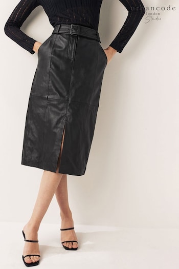 Urban Code Black Curve Leather Front Split Midi Skirt With Removable Belt (U77620) | £129