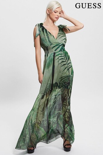 Guess Green Silk Blend Smocked Venus Long Dress (U77839) | £190