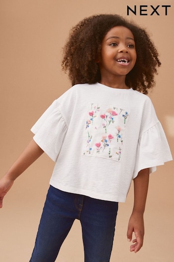 White Textured Floral Applique Frill Sleeve T-Shirt (3-16yrs) (U77901) | £14 - £19