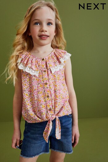 Pink Ditsy Frill Collar Tie Front Blouse (3-16yrs) (U78101) | £11.50 - £16.50