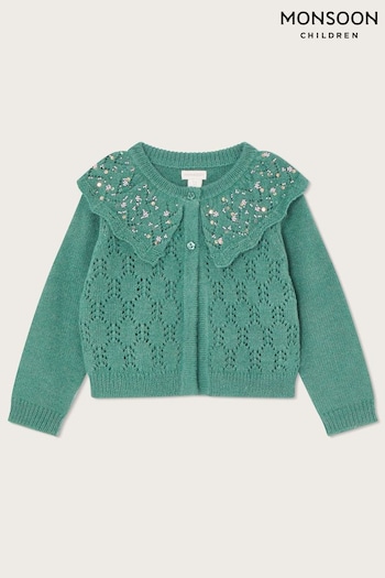 Monsoon Green Pointelle Sequin Collar Cardigan in Wool Blend (U78298) | £30 - £34