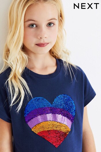 Navy Blue Rainbow Heart Short Sleeve Sequin T-Shirt (3-16yrs) (U78667) | £9 - £14