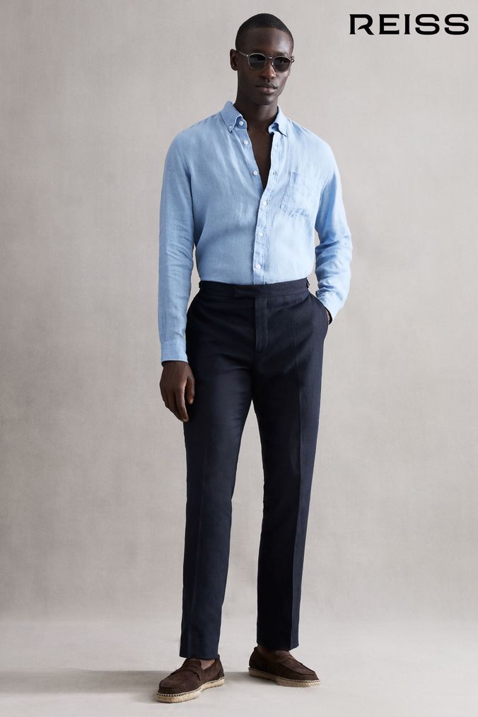 Mens navy blue linen pants sales