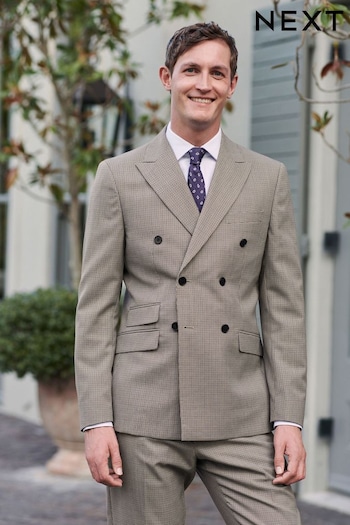 Taupe Brown Double Breasted Wool Blend Check Suit Jacket (U79047) | £104 - £110