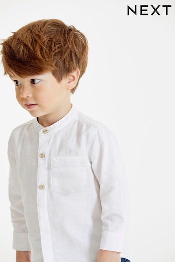 White Grandad Collar Linen Mix Shirt (3mths-7yrs) (U80068) | £13 - £15