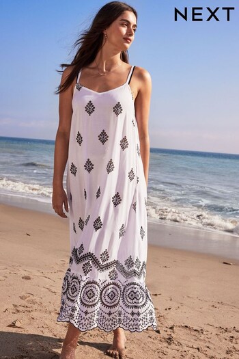 White White Contrast Embroidered Maxi Slip Summer Dress (U80267) | £54