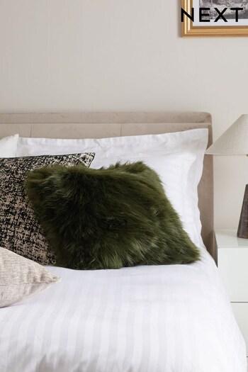 Bottle Green Long Faux Fur Square Cushion (U80367) | £18