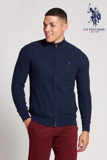 U.S. Polo Assn. Mens Navy Blazer Honeycomb Knit Zip Cardigan (U80405) | £70