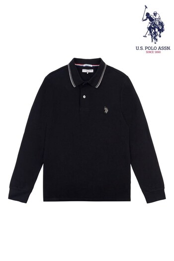 U.S. Polo Assn. Black Mens Twin Tipped LS Pique Polo Shirt (U80444) | £50