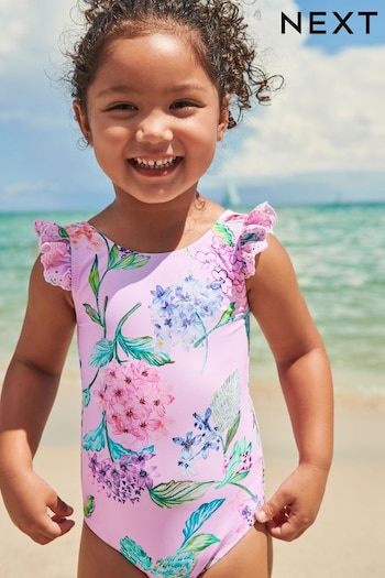 Pale Pink Floral Frill Sleeved Swimsuit (3mths-12yrs) (U80813) | £13 - £17