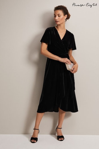 Phase Eight Julissa Velvet Ruffle Wrap Black Midi Dress (U81451) | £139