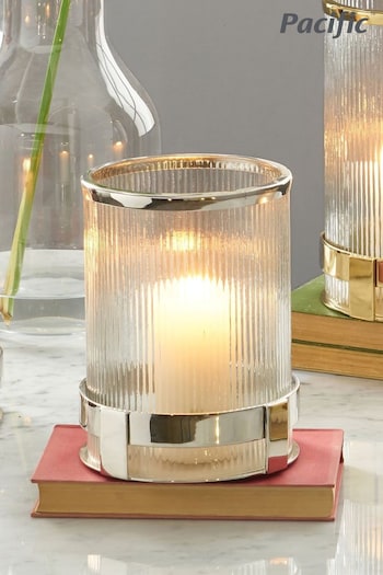 Pacific Silver Metal And Textured Glass Hurricane Candle Holder (U81547) | £70