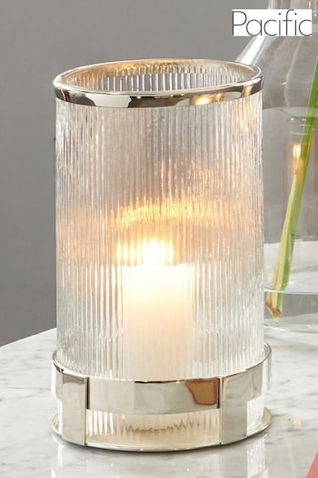 Pacific Silver Tall Metal And Textured Glass Hurricane Candle Holder (U81548) | £75