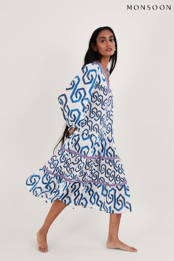 Monsoon Blue Geometric Print Kaftan Dress in Sustainable Cotton (U82151) | £75