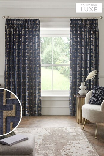 Navy Blue Collection Luxe Fretwork Heavyweight Velvet Pencil Pleat Lined Curtains (U83309) | £175 - £350