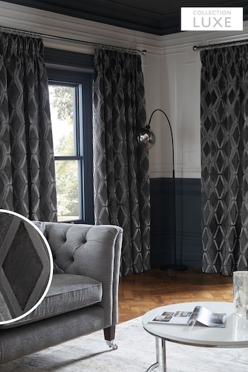 Charcoal Grey Next Collection Luxe Heavyweight Geometric Cut Velvet Pencil Pleat Lined Curtains (U83334) | £175 - £350