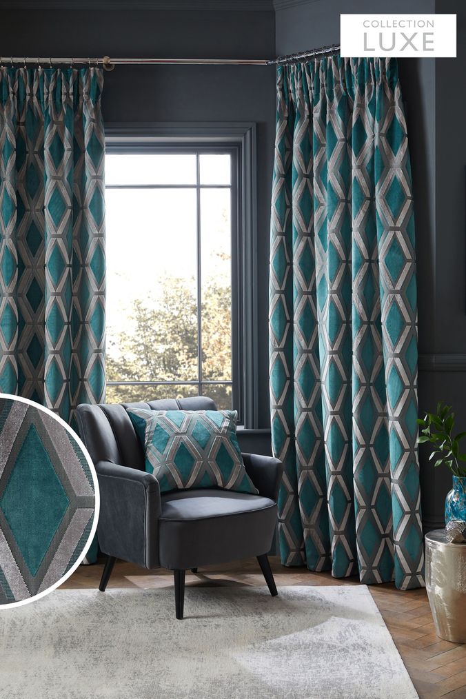 Teal Blue Collection Luxe Heavyweight Geometric Cut Velvet Pencil Pleat Lined Curtains (U83335) | £250 - £350