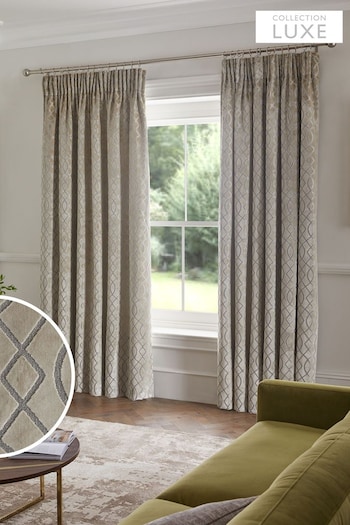 Champagne Gold JuzsportsShops Collection Luxe Heavyweight Maeve Damask Velvet Pencil Pleat Lined Curtains (U83336) | £175 - £350