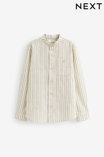 Ecru White Stripe Grandad Collar Long Sleeve Shirt (3-16yrs) (U83546) | £15 - £20