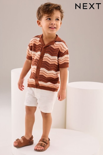 Brown/Cream Crochet Pattern Short Sleeved Polo embroidered Shirt (3mths-7yrs) (U83802) | £13 - £15