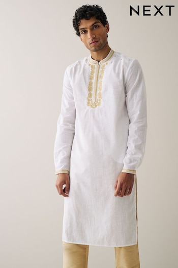 White Long Length Embroidered Mens Cotton Kurta (U83994) | £38