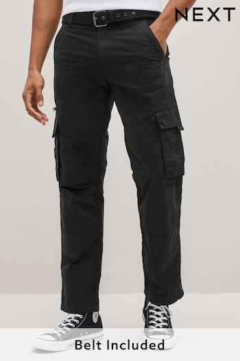 Black Relaxed Belted Tech Cargo Trousers (U84254) | £42