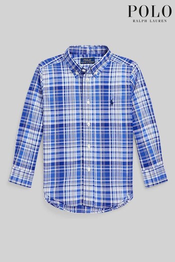 Polo Ralph Lauren Boys Blue Check Long Sleeved Logo Shirt (U86441) | £37 - £39