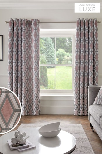Blush Pink Collection Luxe Heavyweight Geometric Cut Velvet Lined Eyelet Curtains (U86458) | £175 - £350