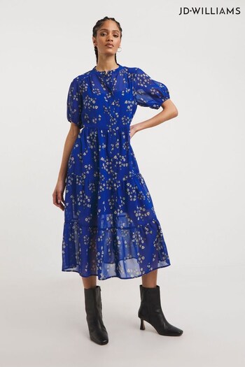 JD Williams Blue Print Georgette Button Through Tiered Smock Dress (U86733) | £35
